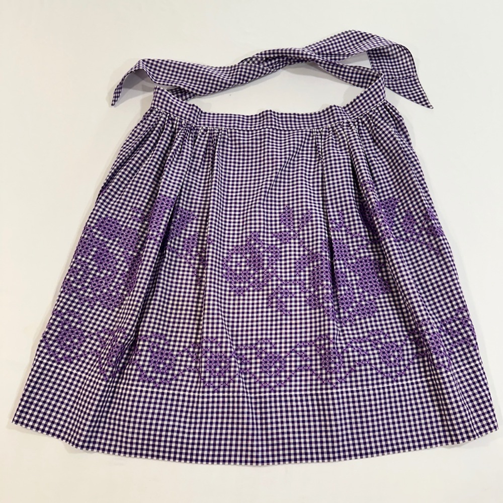 Vintage Purple Gingham Half Apron Hand Embroidered Floral Check Cotton Retro MCM